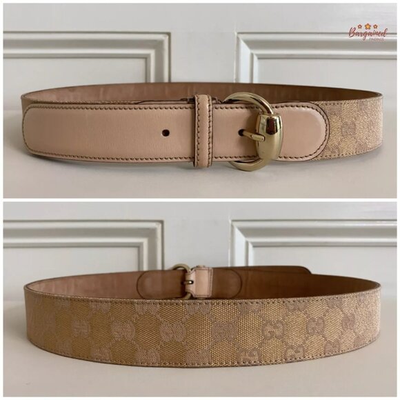 Authentic Gucci Pink Monogram Canvas Calfskin Gold Horsebit Buckle Belt 95/38 main image 12